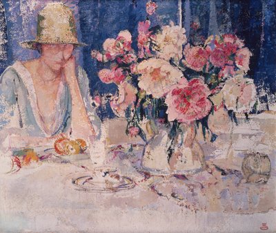 Woman at Table Loaded with Flowers by Marcel Jefferys
