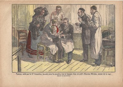 Pasteur, assisted by Dr. Grancher, inoculated the famous virus for the first time in the little Alsatian master, infected with rabies by Marcel Lecoultre