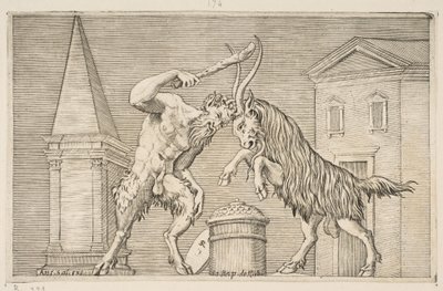 A satyr and a ram attacking each other, the satyr wielding a club with his right hand by Marco Dente