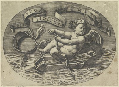 Amor escapes over the sea, Sic ruga violenta monet (title on object) by Marco Dente