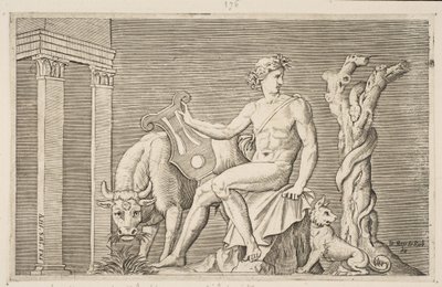 Apollo tending the flocks of Admetus, Apollo seated holding a lyre and flanked by a... by Marco Dente