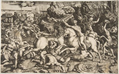 Battle Scene in a Landscape with Soldiers on Horseback and Several Fallen Men by Marco Dente