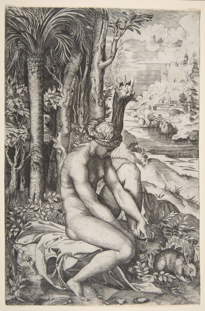 Venus removing a thorn from her left foot while seated on a cloth next to trees by Marco Dente