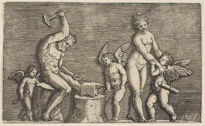Vulcan Seated Hammering on an Anvil Flanked by Venus and Three Cupids by Marco Dente