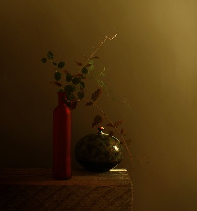 Red Bottle Dark Still Life by Margaret Halaby
