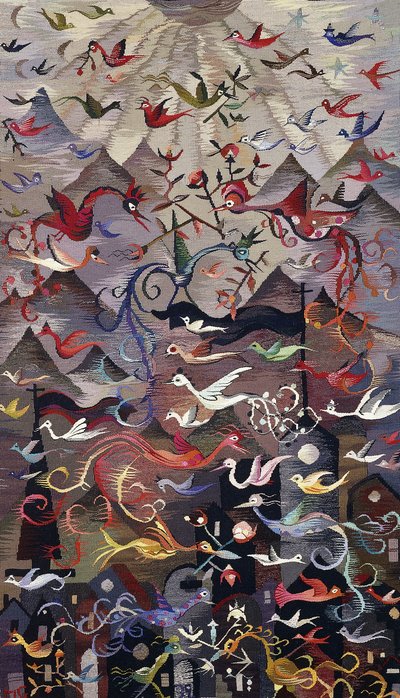 A wall-hanging tapestry depicting mythical birds with a background of mountains and sun rays by Marianne Pankok