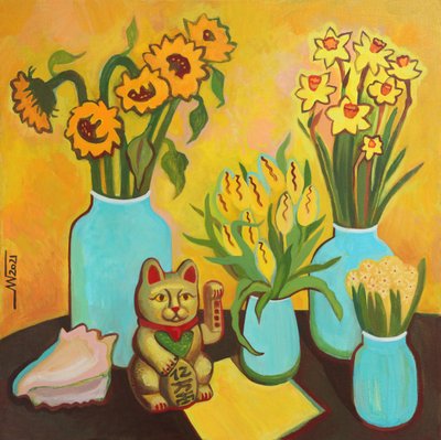 Happy Flowers Lucky Cat by Marina Gorkaeva
