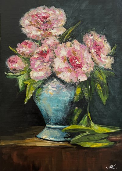 Pink Peonies Blue Vase by Marina Kozyr