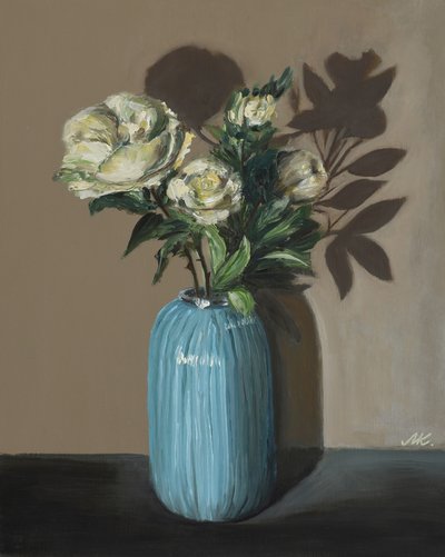 White Peonies in Blue Vase - Moody Floral Still Life by Marina Kozyr