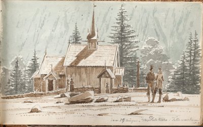 People by a Stave Church. A Mountain Slope in the Background by Martinus Rørbye