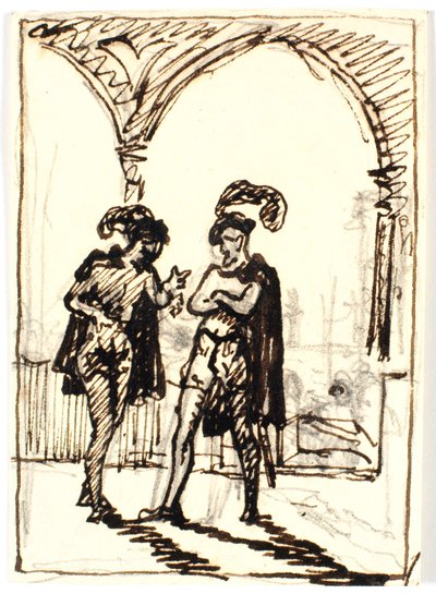 Medieval Scene with Two Cloaked Men and Feathered Berets by Martinus Rørbye