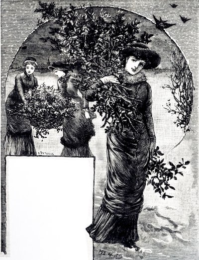 An engraving depicting the collection of holly and evergreen for Christmas decoration by Mary Ellen Edwards
