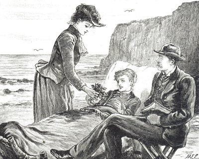 Engraving depicting a cripple boy at the seaside by Mary Ellen Edwards