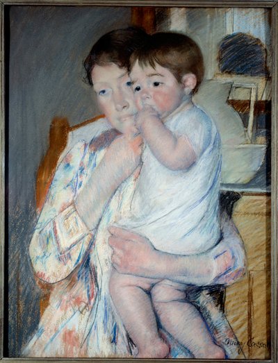 Woman and child in front of a table with jam and a bowl by Mary Stevenson Cassatt
