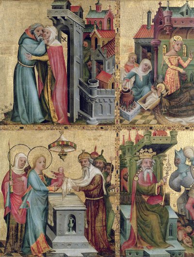 Meeting at the Golden Gate and the Presentation in the Temple, from the Buxtehude Altar, 1400-10 by Master Bertram of Minden