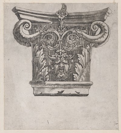 Speculum Romanae Magnificentiae: Capital with Peapod Volutes and Satyr Head by Master GA