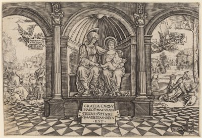 Virgin and Child Enthroned with Saint Anne by Master NA.DAT with the Mousetrap