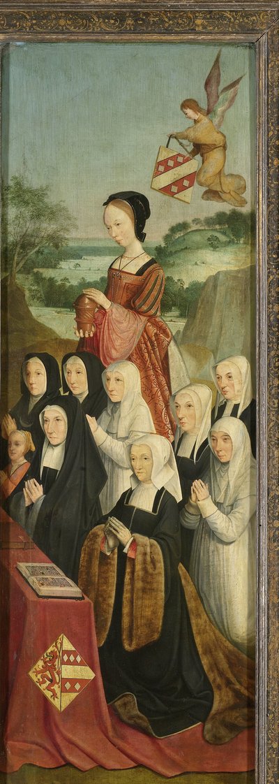Memorial Panel with Nine Female Portraits, probably Kathrijn Willemsdr van der Graft and Family, with Saint Mary Magdalene and the Van Soutelande Family and Van der Graft-Van Soutelande Crests, inner right wing of an altarpiece by Master of Alkmaar