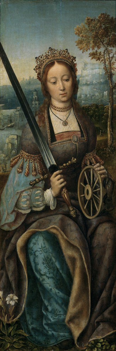 Triptych of the Holy Family with Music Making Angels. Left panel: Saint Catherine, ca 1510-1520 by Master of Frankfurt
