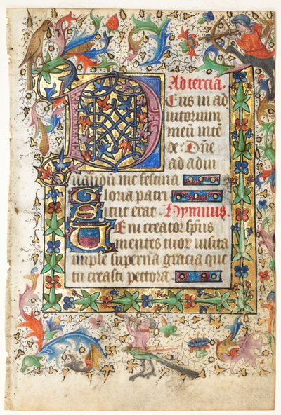 Leaf from a Book of Hours: Decorated Initial D[eus] with Foliated Border, 1430s by Master of Guillebert de Mets