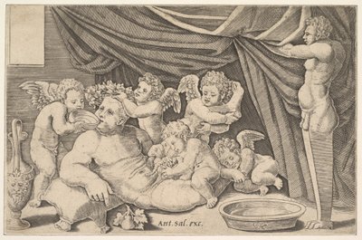 Bacchus surrounded by Putti, a statue of Priapus at right, 1530-60 by Master of the Die