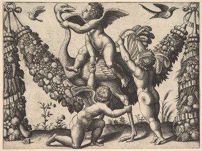 Three putti before a large garland, the one in the middle rides an ostrich, ca. 1530-40 by Master of the Die