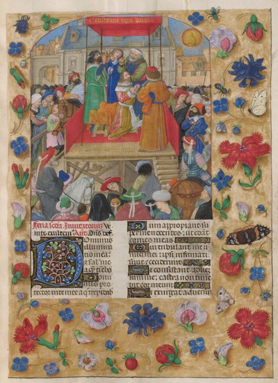 David crowned King of Israel. The Psalter. Saul anointing David and the coronation of David as King of Israel. Psalm 26, beginning with decorated initial 