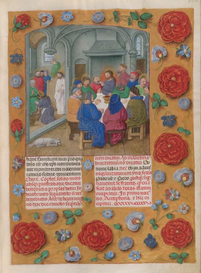 Temporale (1st portion: from First Sunday of Advent to Holy Saturday). The Last Supper (Maundy Thursday, Matins). Border with floral decoration. Two columns of text by Master of the Dresden Prayer Books