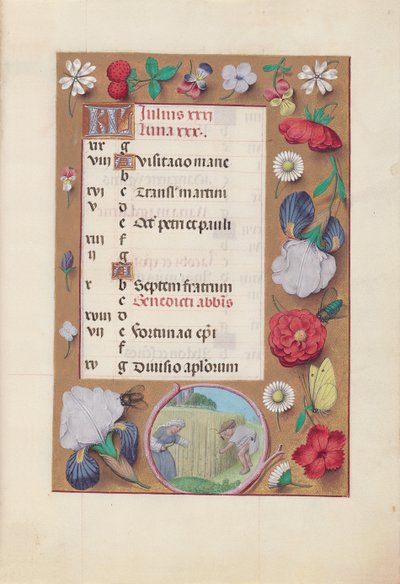 Hours of Queen Isabella the Catholic, Queen of Spain: Fol. 8r, July - Harvesting Wheat by Master of the First Prayerbook of Maximillian