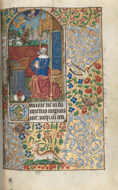Book of Hours (Use of Rouen): fol. 80r, Opening Penitential Psalms, David Penitent, in the Distance David Slaying Goliath by Master of the Geneva Latini