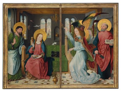 The Annunciation, with Saints Bartholomew and Peter by Master of the Holy Kinship