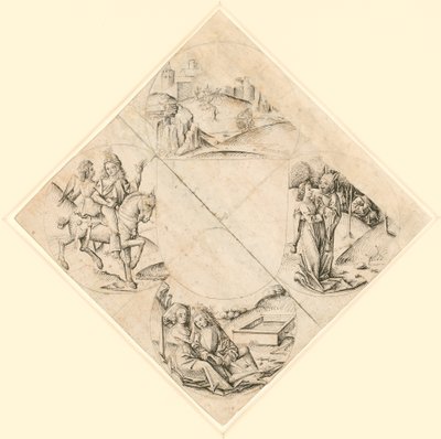 Design for a Quatrefoil with a Castle, Two Lovers, a Maiden Tempted by a Fool, a Couple Seated by a Trough, and a Knight and His Lover Mounted on a Horse by Master of the Housebook