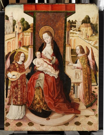 Triptych of Virgin and Child with Two Angels, detail of Madonna and Child from central panel by Master of the Lee Triptych Master of the Lee Triptych