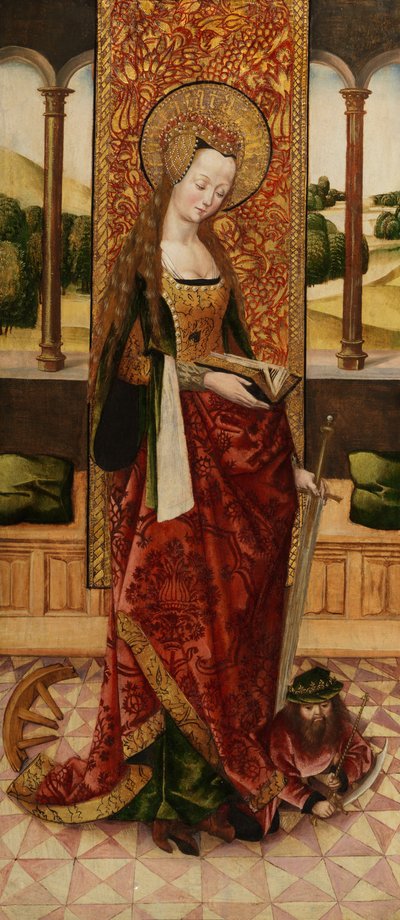 Triptych of Virgin and Child with Two Angels, detail of St. Catherine of Alexandria from left panel by Master of the Lee Triptych Master of the Lee Triptych