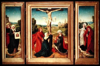 Triptych with the Central Panel Depicting the Crucifixion with the Virgin, St. John, and Mary Magdalen; the Left Wing: St. Veronica and a Female Saint; and the Right Wing: The Two Marys by Master of the Legend of St. Catherine