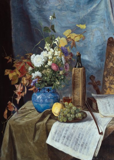 Arrangement with Wine Bottle, Flowers and Fruit by Mathilde Dietrichson