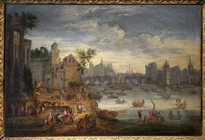 View of Paris with the Pont Neuf. Painting Attributed to Mathieu Schoevaerdts (late 17th century), Oil on Canvas by Mathys Schoevaerdts