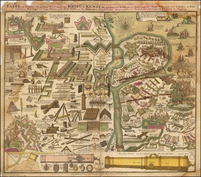 1720 Allegorical Map by Seutter Showing the Art of War, by Land and by Sea by Matthäus Seutter