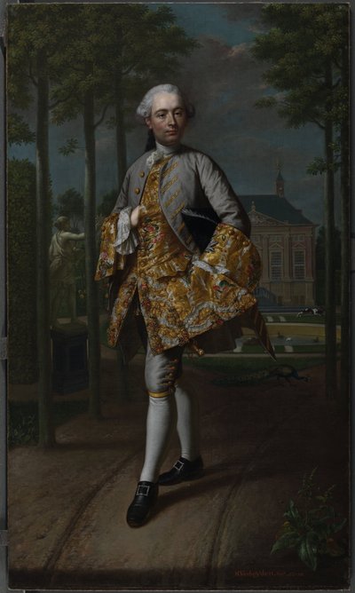 Portrait of Gerard Cornelis van Riebeeck, Secretary of Delft, presumably standing in front of his Country House Essensteyn at Voorburg by Mattheus Verheyden