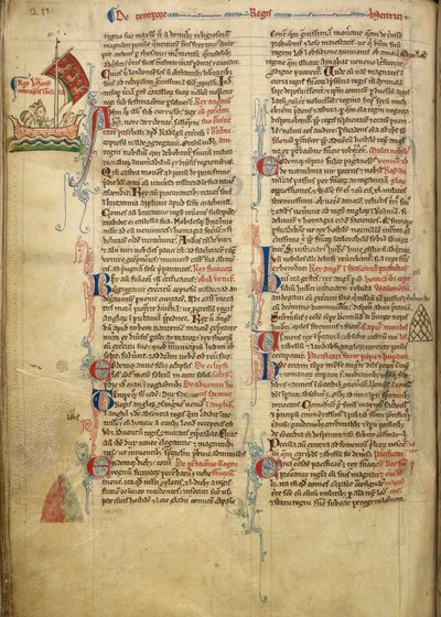 Marginal drawing of King Henry III sailing across the English Channel to Brittany, with part of the accompanying text in the author