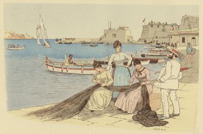 A Man Chatting to a Group of Women Mending Fishing Nets in the Town of Villefranche, France by Maurice Charles Mathieu Bonvoisin