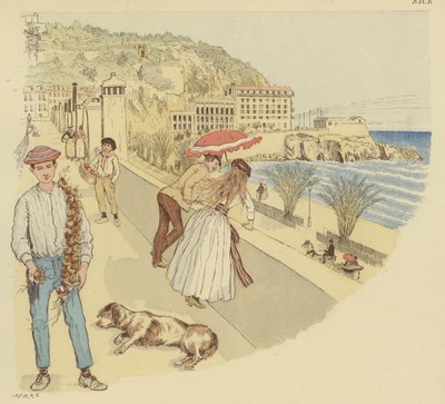 An onion seller with his wares and people enjoying the terrace leading up to the mountain of the Rauba-Capeu, Nice by Maurice Charles Mathieu Bonvoisin