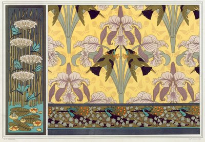 Design for wallpaper border, fabric and panel: Dragonflies, Waterlilies and Flowering Rush by Maurice Pillard Verneuil