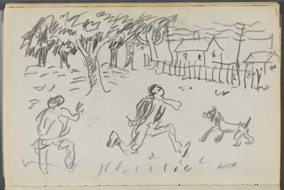 Sketchbook, The Dells, No. 127, page 107: Landscape with Figures and dog by Maurice Prendergast