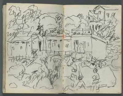 Sketchbook, The Dells, No. 127, page 146 & 147: Landscape with Figures and Buildings by Maurice Prendergast
