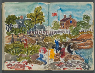 Sketchbook, The Dells, No. 127, page 156 & 157: Coastal Landscape with Figures by Maurice Prendergast