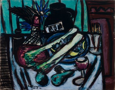 Still Life with Chianti Bottle and Celery by Max Beckmann