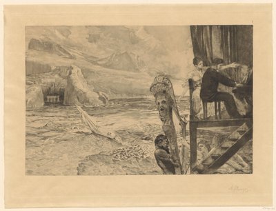 Pianist on Wooden Balcony Surrounded by Nymphs Before a Bay by Max Klinger