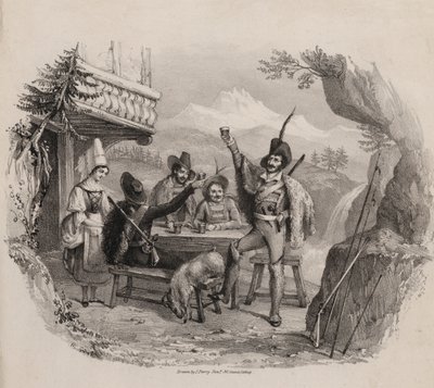 Hunters in the mountains enjoying a drink at a tavern by Maxim Gauci