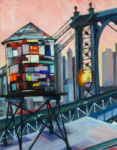 Manhattan Bridge with Water Tower at Sunset by Maxine Shore